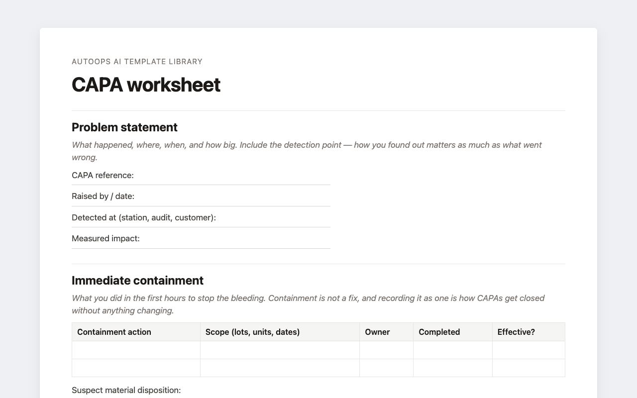 Preview of the blank CAPA worksheet